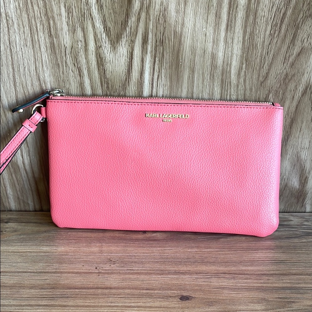 Pre-owned Karl Lagerfeld Pink Leather Large Wristlet Bag Coral E-420